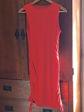 Coral Orange Ribbed Ruched Bodycon Midi Dress Side Tie Cinch Lined Small